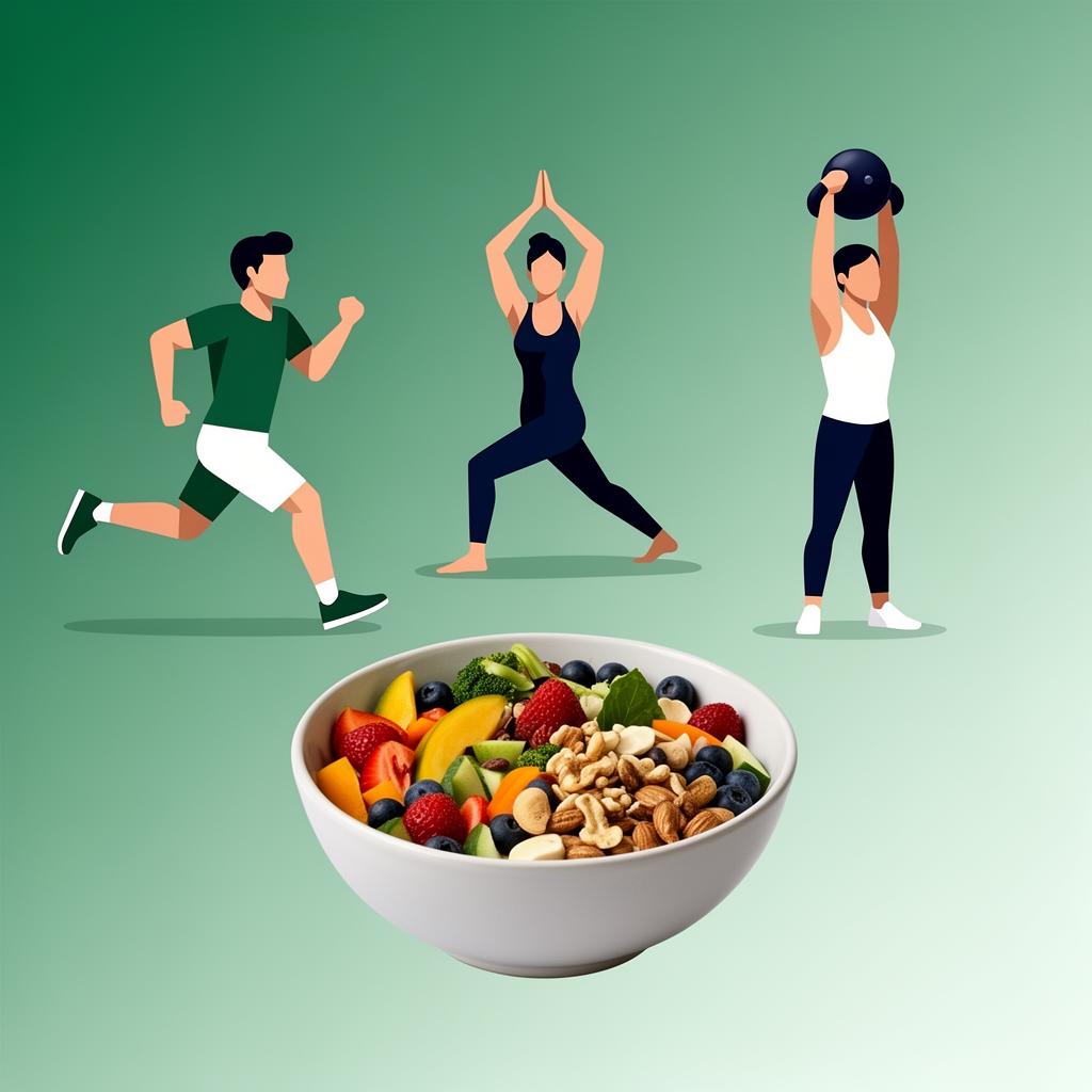 People exercising and eating nutritious food